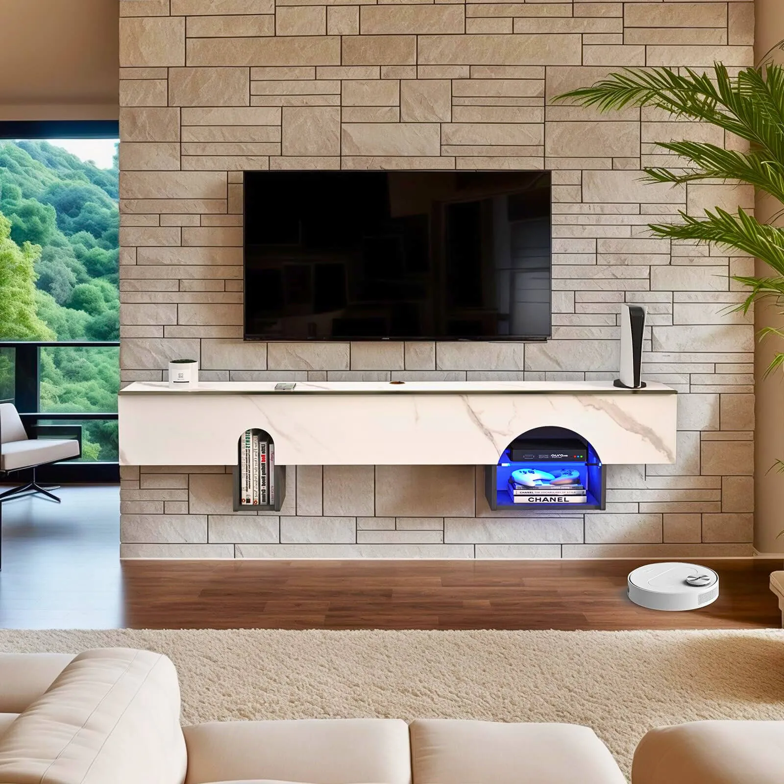 63" Cubix Floating TV Stand, Marble White