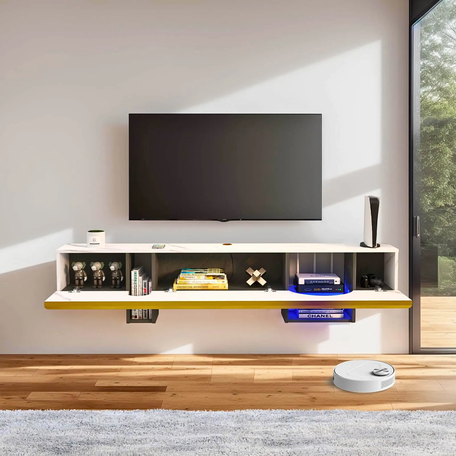 63" Cubix Floating TV Stand, Marble White