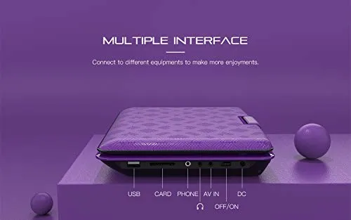 COOAU Portable DVD Player 11.5" with Game Joystick, Swivel HD Screen, Support Multi-Format, Region Free, Long Lasting Battery, Support AV-in/AV-Out/SD/USB, Purple