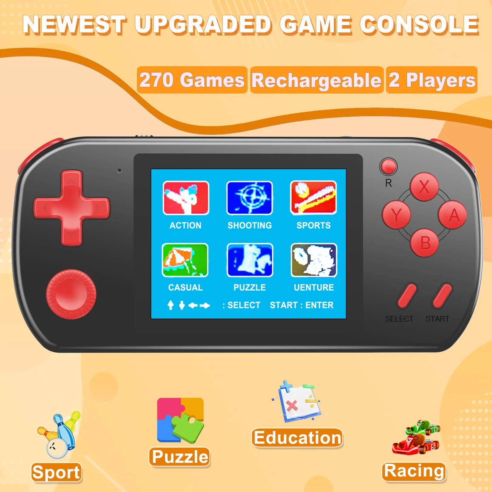 CULAGEiMi Handheld Game Console for Kids Adults Built-in 270 Retro Video Games, Portable Gaming System with Rechargeable Battery Gamepad, Mini Arcade Toys Supports 2 Players Birthday Xmas Gifts, Black