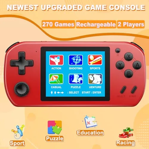 CULAGEiMi Handheld Game Console for Kids Adults Built-in 270 Retro Video Games, Portable Gaming System with Rechargeable Battery Gamepad, Mini Arcade Toys Supports 2 Players Birthday Xmas Gifts, Red
