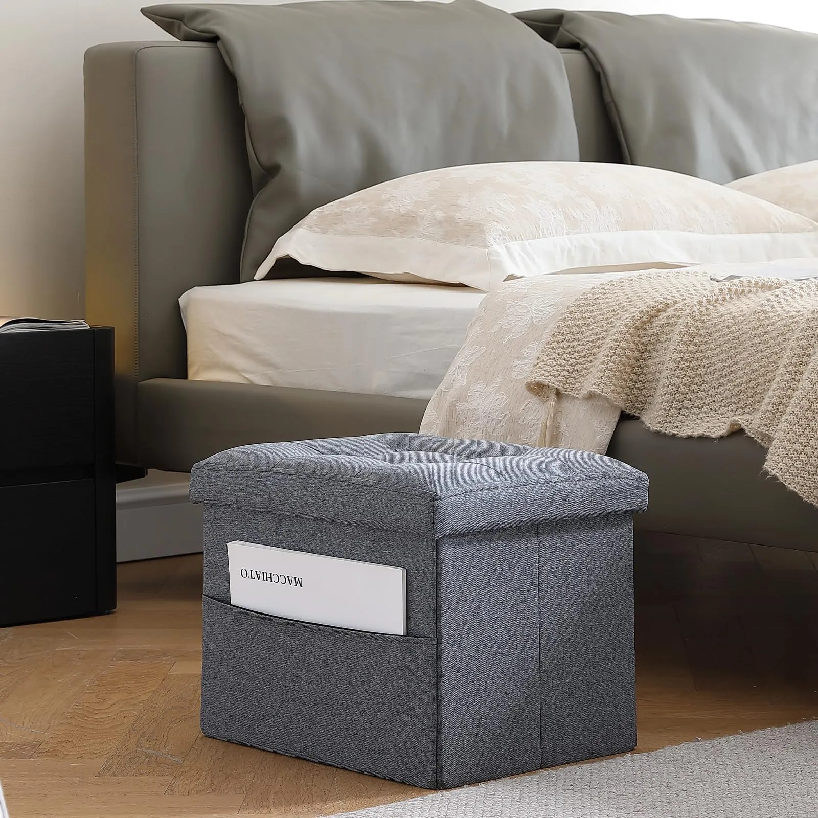 Hamgtrion Ottoman Storage Ottoman Foot Rest Footstool with Side Pocket Foldable Ottoman Folding Ottomans Footrest Rectangle Bench Cube for Room Living Room Bedroom Grey L17W13H13inches