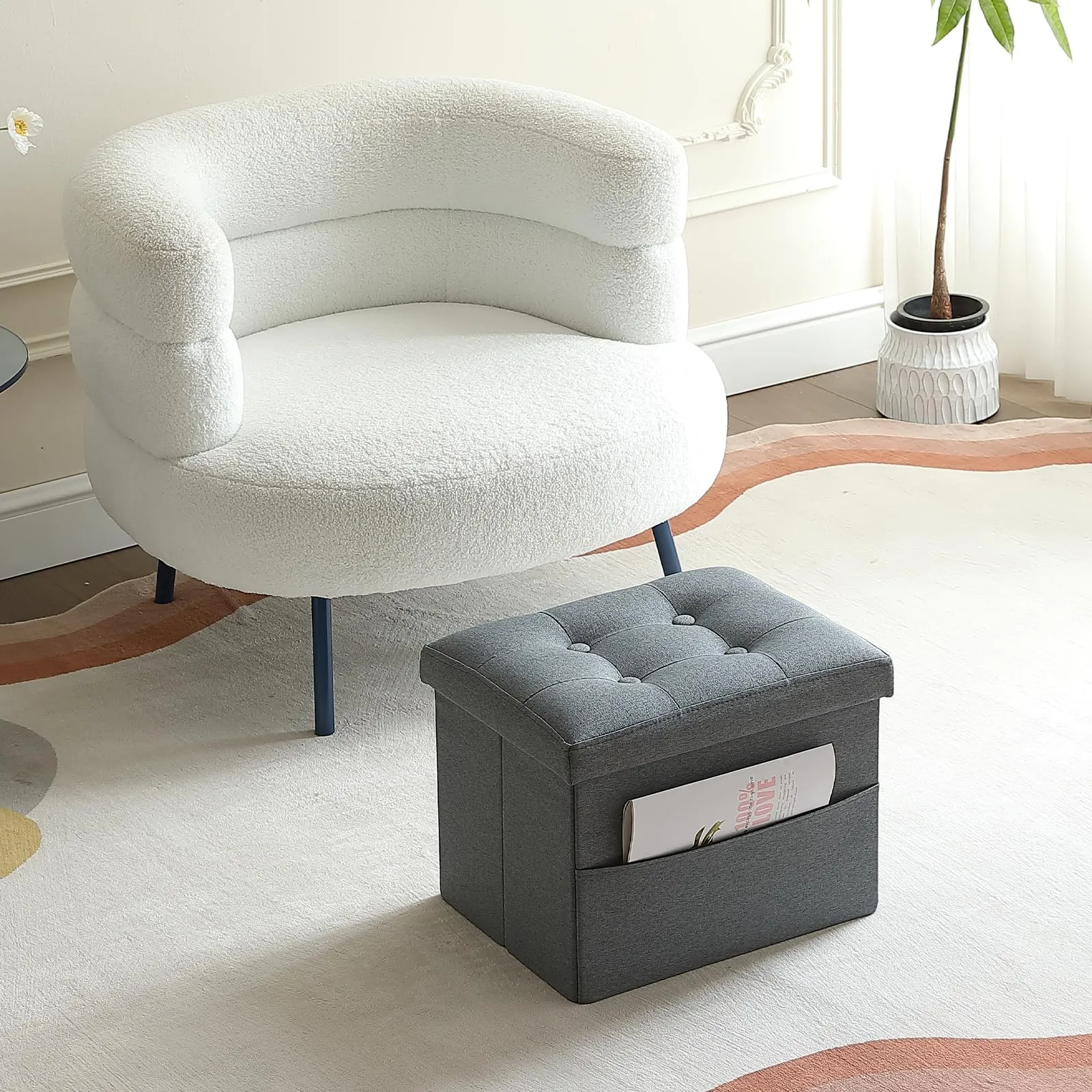 Hamgtrion Ottoman Storage Ottoman Foot Rest Footstool with Side Pocket Foldable Ottoman Folding Ottomans Footrest Rectangle Bench Cube for Room Living Room Bedroom Grey L17W13H13inches